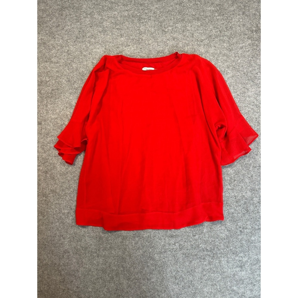 Calvin Klein Womens Coral Ruffle Tiered Sleeve Crew Neck Blouse Top Large